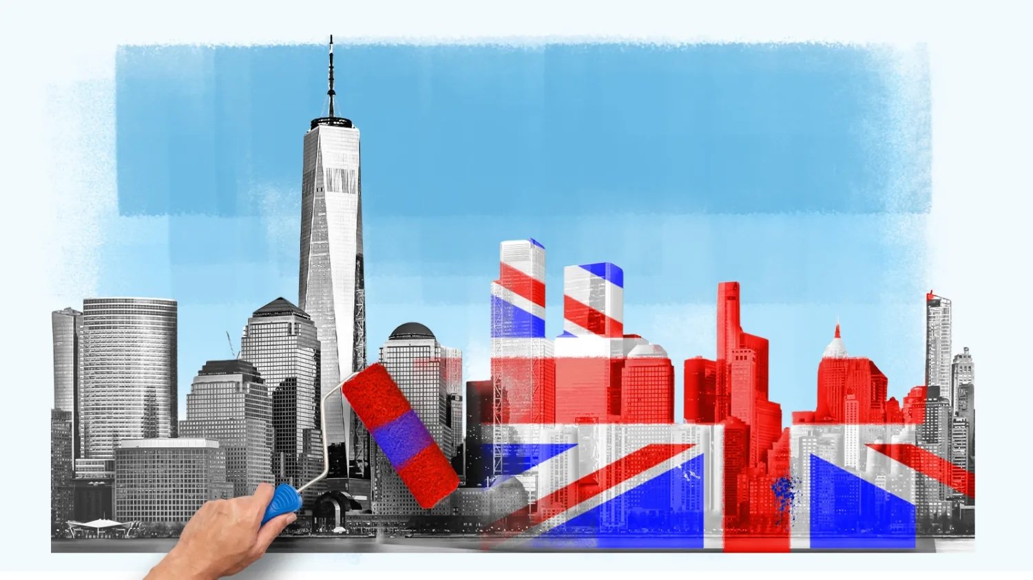 A person painting a mural of the New York City skyline with a roller brush. The mural is partially colored with the British flag pattern in red, white, and blue, on a black and white background of the city.