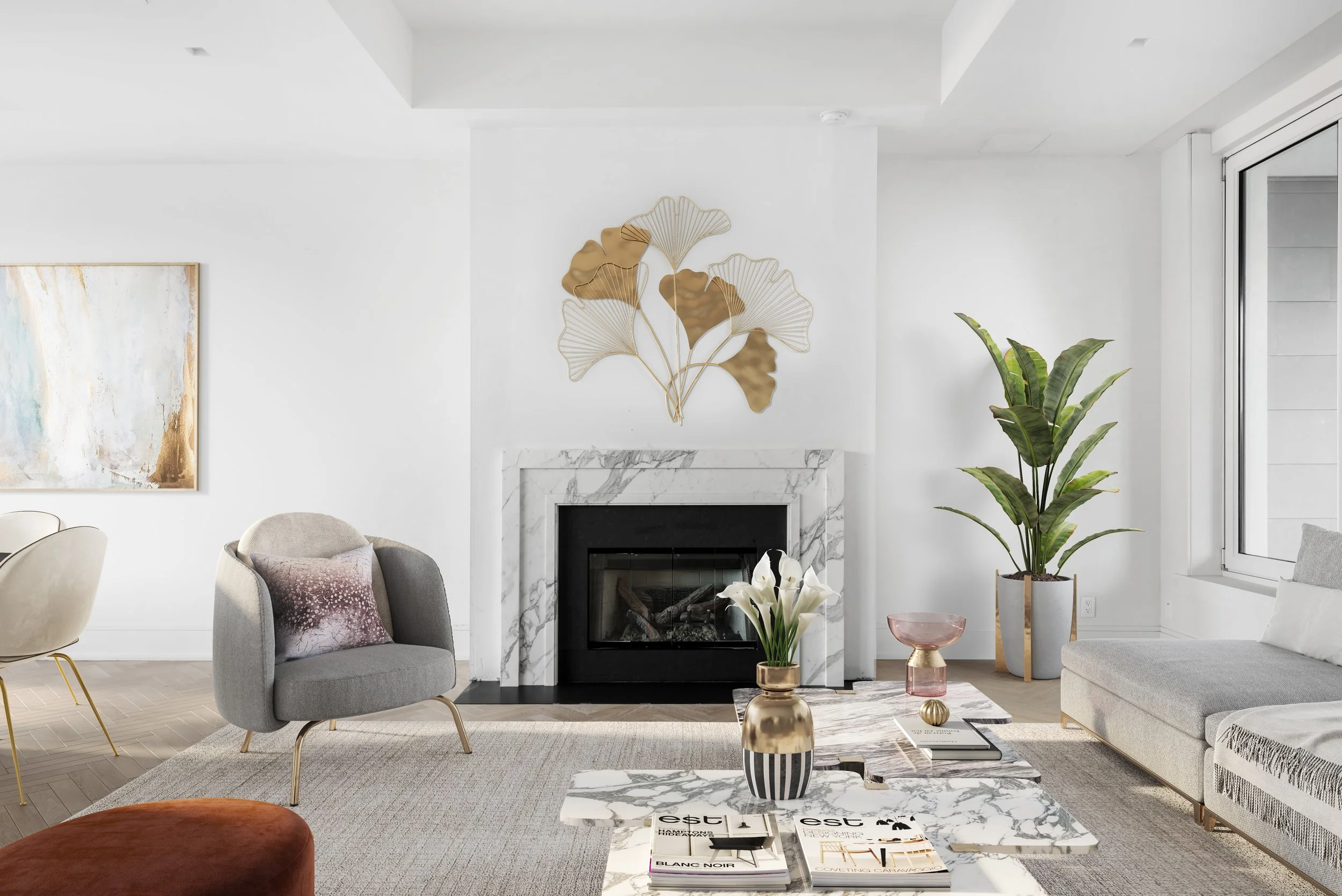 Modern living room with white walls, marble fireplace, gray armchair, white sofa, large window, and various purple and gold decorative accents.