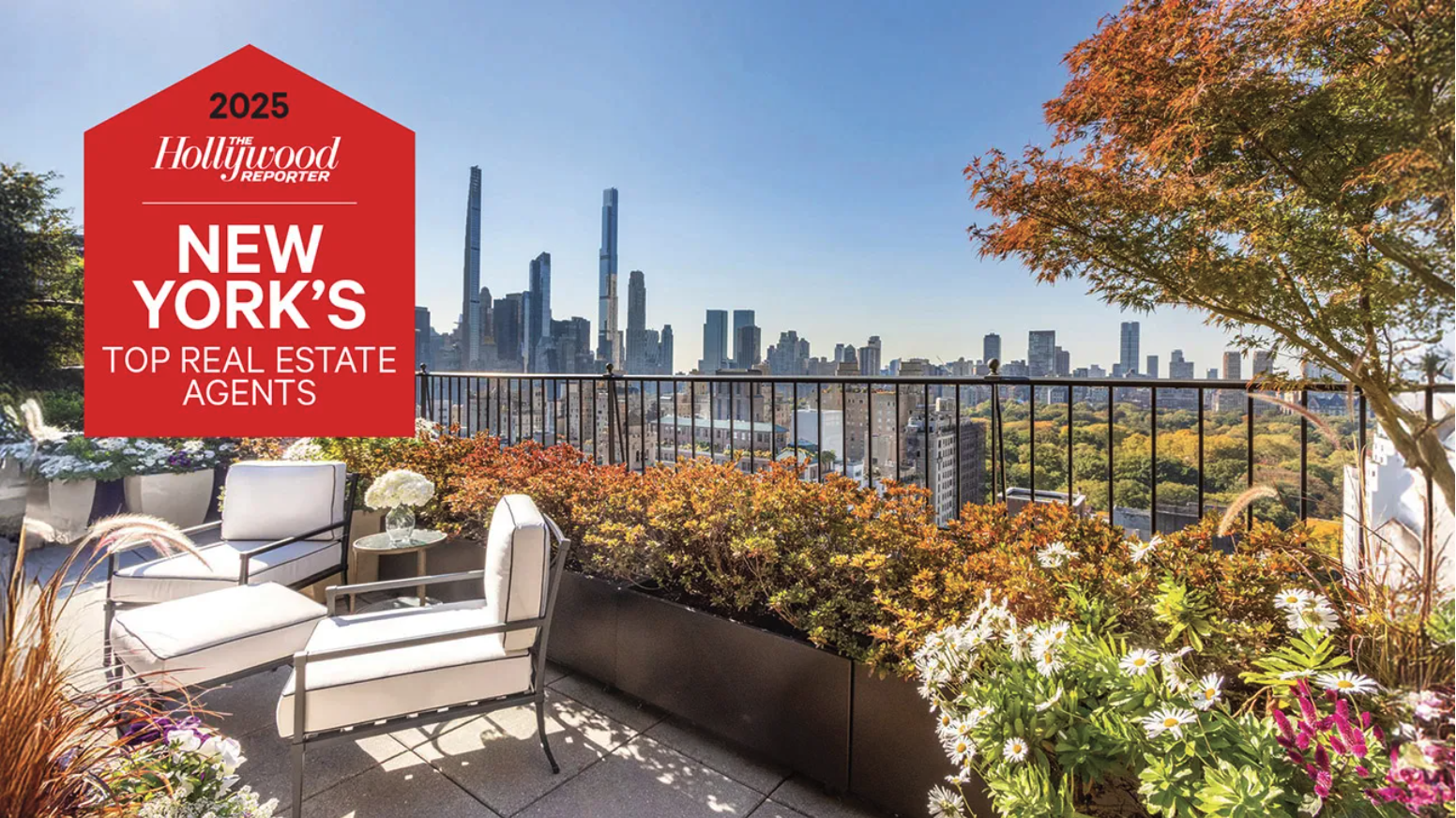 City skyline view of New York with tall buildings and skyscrapers seen from a balcony garden with patio furniture and colorful plants, with a red banner in the upper left corner advertising top real estate agents.
